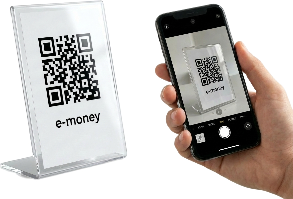 QRスタンドをスマホで読み取る支払いイラスト